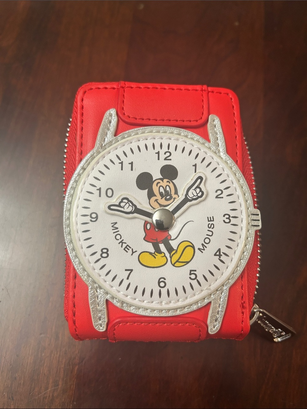Loungefly Red Mickey Mouse Watch Face Zip Pouch with Silver Accents